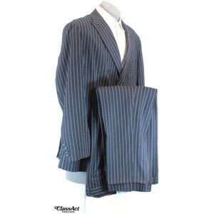 Vinci Philosophy 2 Piece Suit Black Striped Double Breasted 46R Flat Fronts 38"